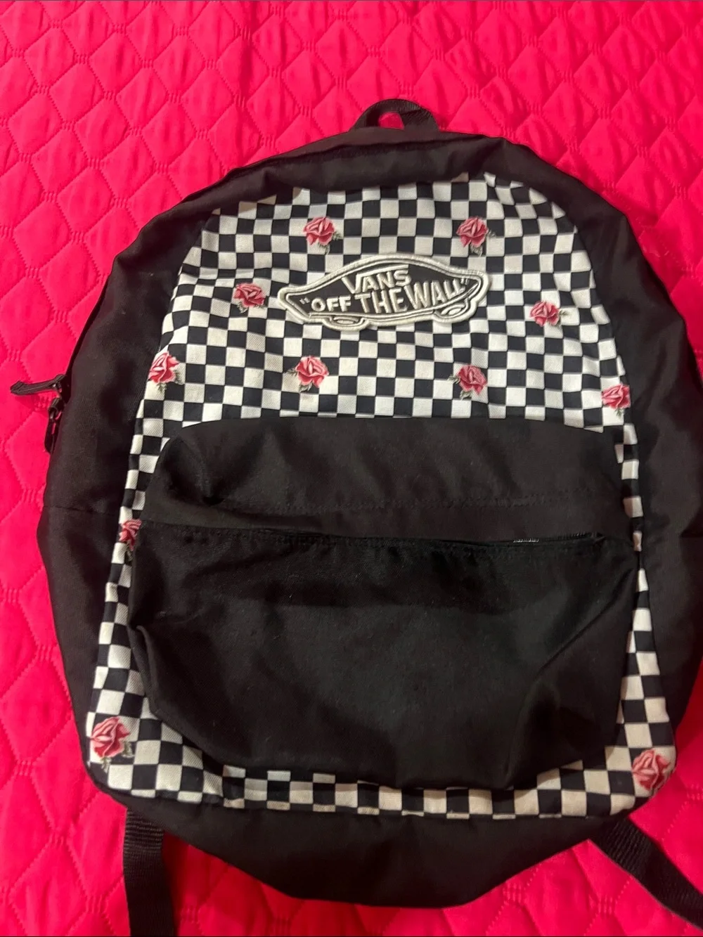 Vans Black Checkerboard Backpack with Red Rose Accents